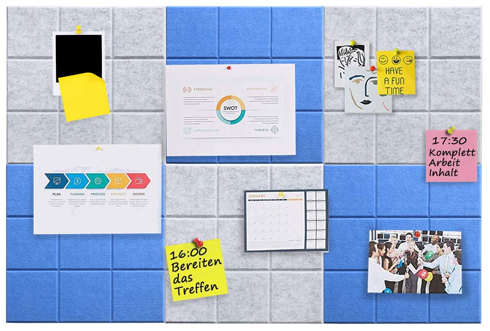 Uoisaiko Large 30x30cm Felt Board Tiles with 30 Pins, Pack of 6 Bulletin Board Notice Boards for Home Office Kitchen, Self Adhesive Pin Board Wall Tiles for Photos Memos