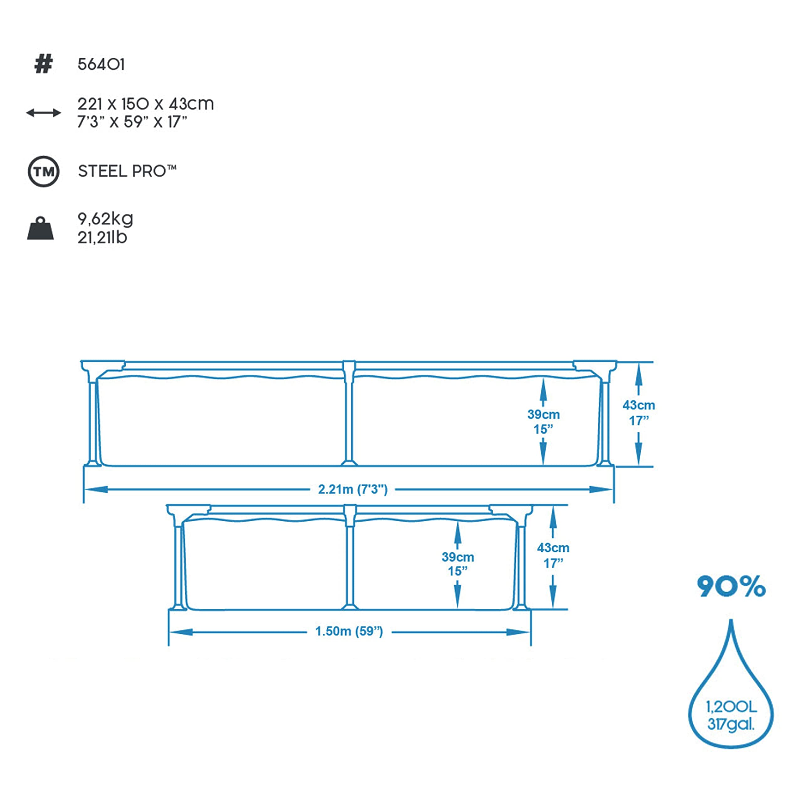 Bestway 56401 Steel Pro Pool | Swimming Pool, Rectangle Above Ground Fast Set Pool, Children’s Detachable Pool, Multiple Sizes, Blue, 221 x 150 x 43 cm