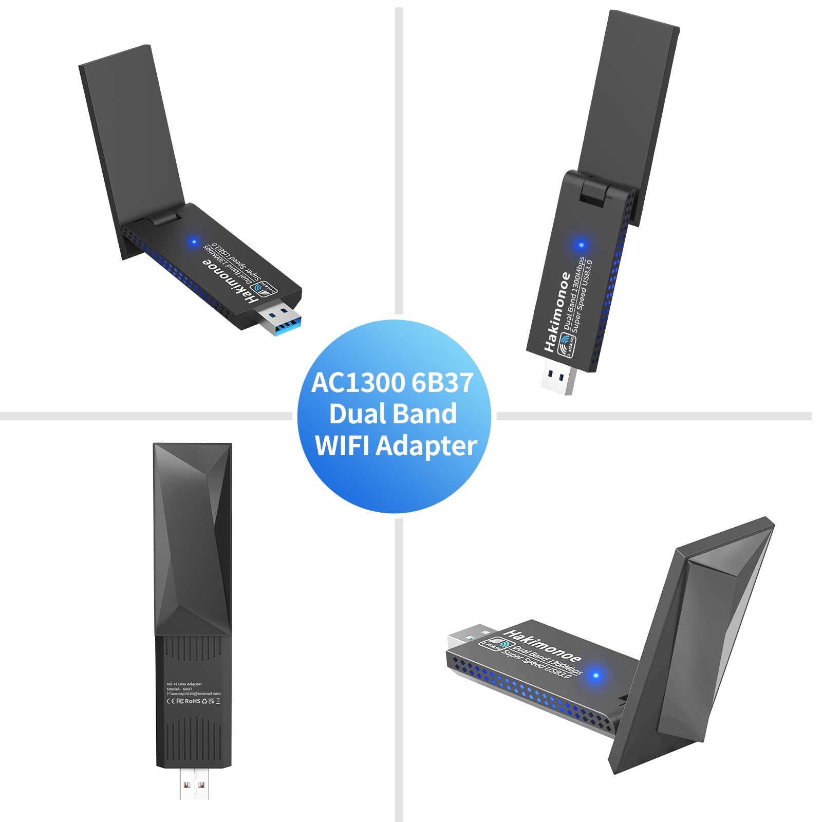 AC1300 USB 3.0 WiFi Adapter for PC, Super-Fast Wireless Network Card Dongle High Gain 5dBi Antenna Dual Band 2.4G/5GHz w/USB Driver for Win 11 10 8.1 8 7 Laptop Desktop, Plug n Play