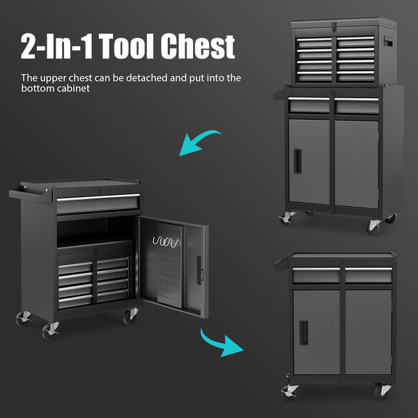 COSTWAY Large Rolling Tool Cabinet, 2-in-1 Detachable Metal Tool Chest with Drawers, Wheel, Handle, Hooks & Pegboard, Lockable Tool Box Trolley for Garage Workshop (with Middle Compartment, Black)