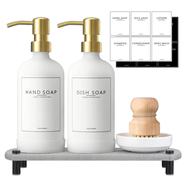 NEECZS Kitchen Soap Dispenser Set with Instant Dry Tray,16 Oz Hand and Dish Soap White Glass Dispenser Set,Stainless Steel Pump,Waterproof Labels&Dish