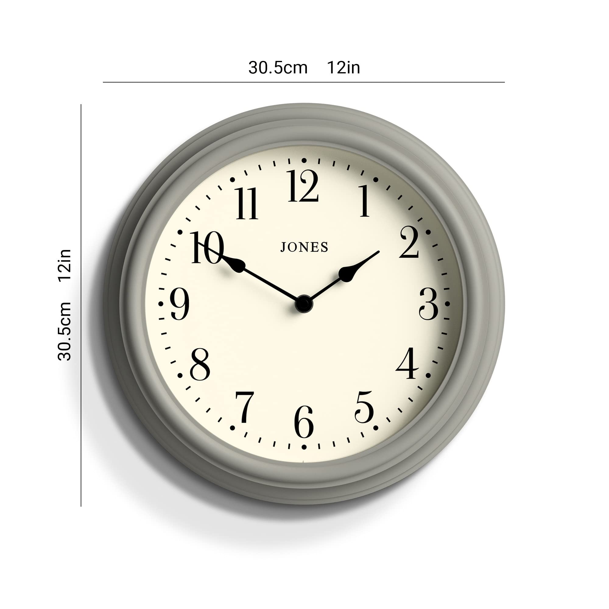 Jones Clocks Venetian wall clock | Classic round clock | 30cm | Grey | Arabic numerals | Traditional design ideal for kitchen, living room or bedroom