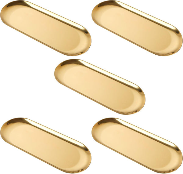 AHAQU 5 Sets Oval Gold Dish, Gold Trinket Serving Tray, Towel Storage Dish Plate, Tea Fruit Trays Cosmetics Jewelry Plate used in Bedroom, Kitchen,