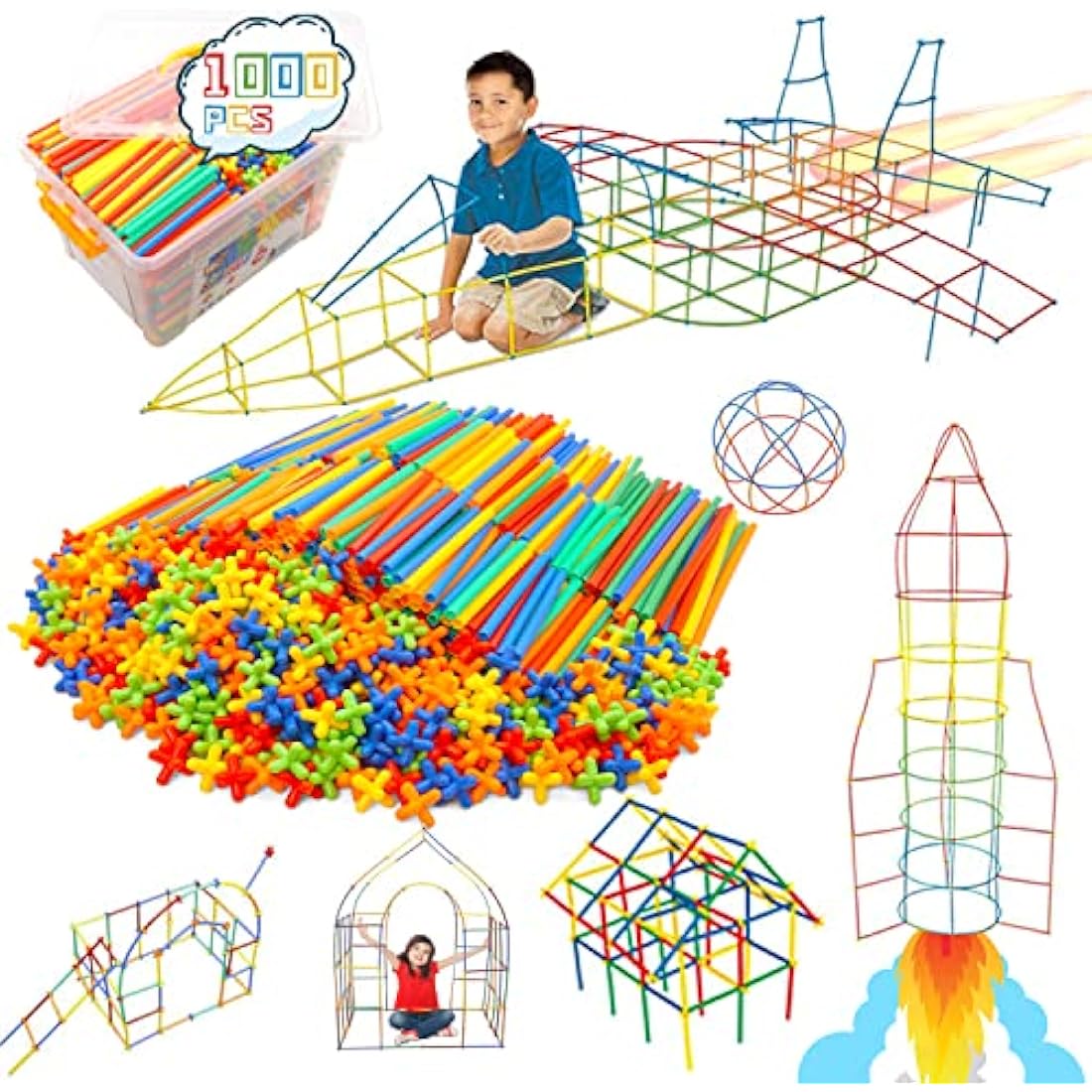1000 Pieces Reusable Construction Tubes and Connectors Toys, Fort Building Toys for Kids, STEM Creative Building Games for Boys and Girls Ages 4 5 6 7 8 Years Old