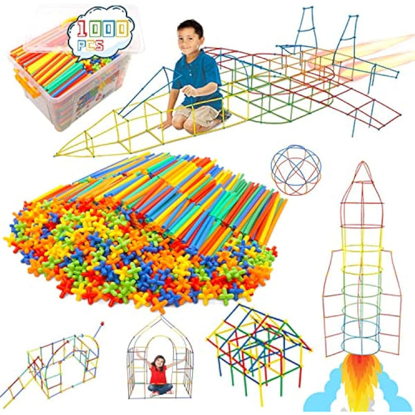 1000 Pieces Reusable Construction Tubes and Connectors Toys, Fort Building Toys for Kids, STEM Creative Building Games for Boys and Girls Ages 4 5 6 7 8 Years Old