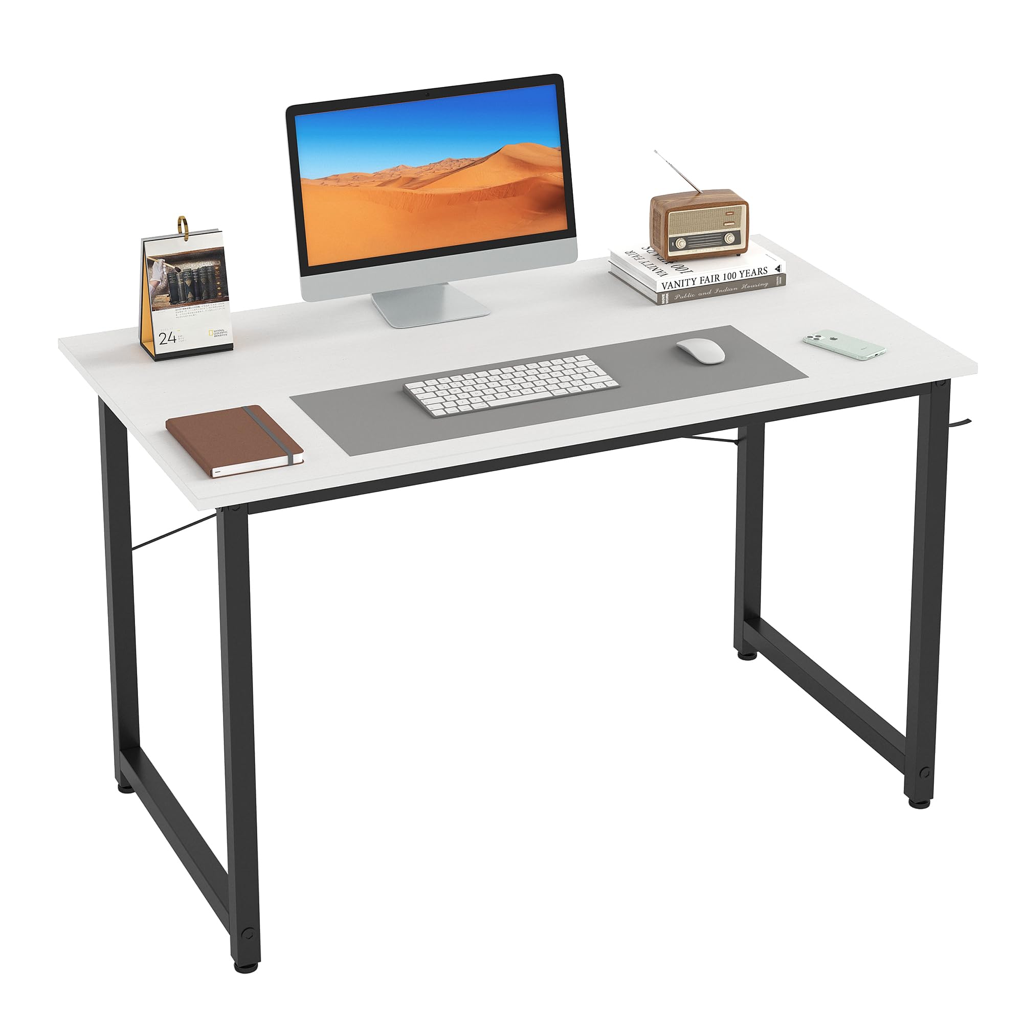 Flrrtenv 80cm Computer Desk, Small White Office Desk with Sturdy Metal Frame and X-Shaped Design, Gaming Desk for Home, Modern White