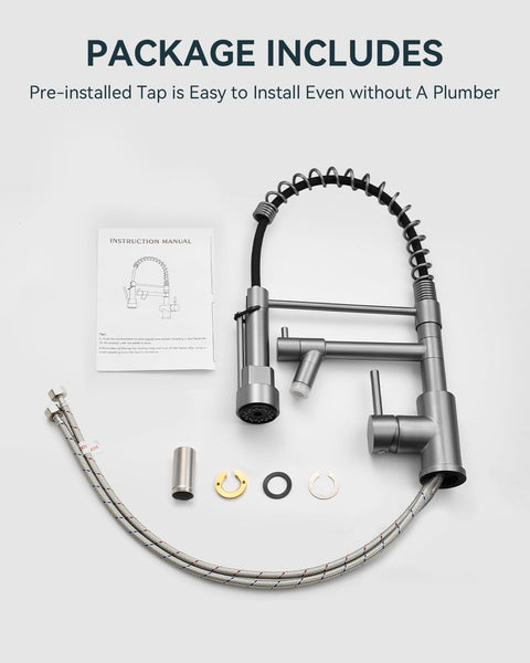 Warmiehomy 5 Modes Kitchen Taps Mixer with Pull Out Spray,High Arc 360° Swivel Dual Spout Pull Down Stainless Steel Kitchen Sink Taps,Brushed Nickel