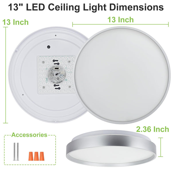 DINGLILIGHTING 24W Modern LED Flush Mount Ceiling Light, 13 Inch Silver Low Profile Light Fixture, Thin Round Close to Ceiling Lights for Kitchen