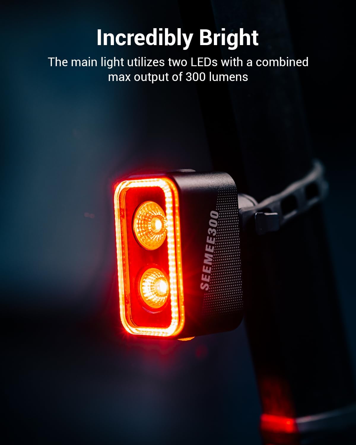 SEEMEE 300 Bike Taillight,300 Lumen Bike Tail Light,5 Night & Daytime Modes,Smart Brake Sensor IPX6 Waterproof USB-C Rechargeable Rear Bike Light for Night Riding