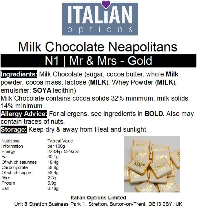 Italian Options Gold Mr & Mrs Wedding Chocolate Neapolitans (100 Chocolates)