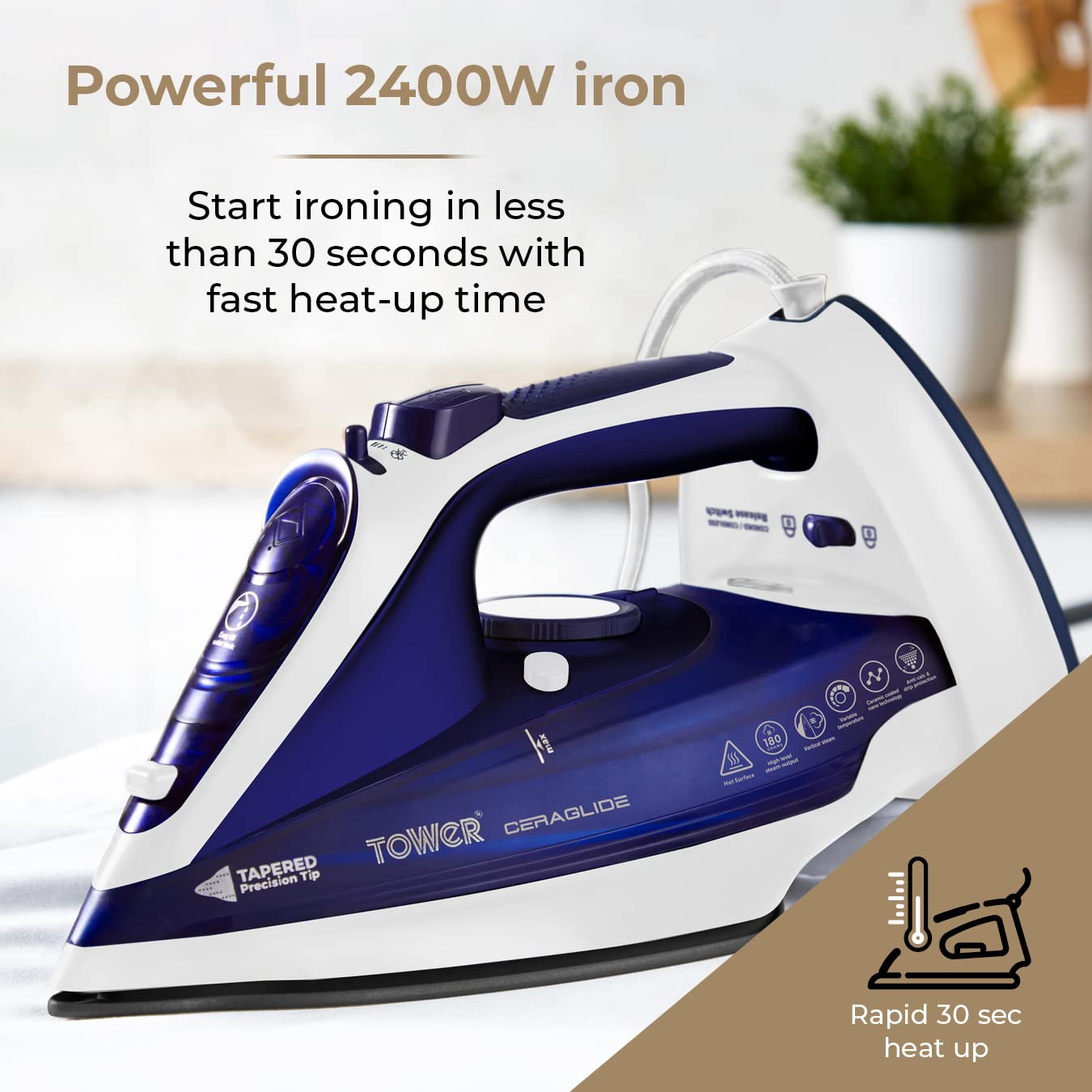 Tower T22008 CeraGlide Cordless Steam Iron with Ceramic Soleplate and Variable Steam Function, 2400 W, Purple