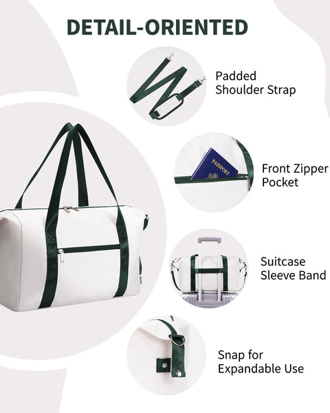 Narwey for Ryanair Cabin Bag 40x20x25 Underseat Ryan Air Bag Foladble Travel Duffel Hospital Carry on Hand Luggage Holdall Weekend Overnight Bag for Women and Men 20L (Beige with Green Straps)