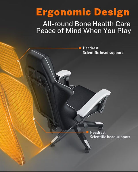 bigzzia Ergonomic Gaming Chair - Gamer Chairs with Lumbar Cushion + Headrest, Height-Adjustable Office & Computer Chair for Adults (without footrest, White)