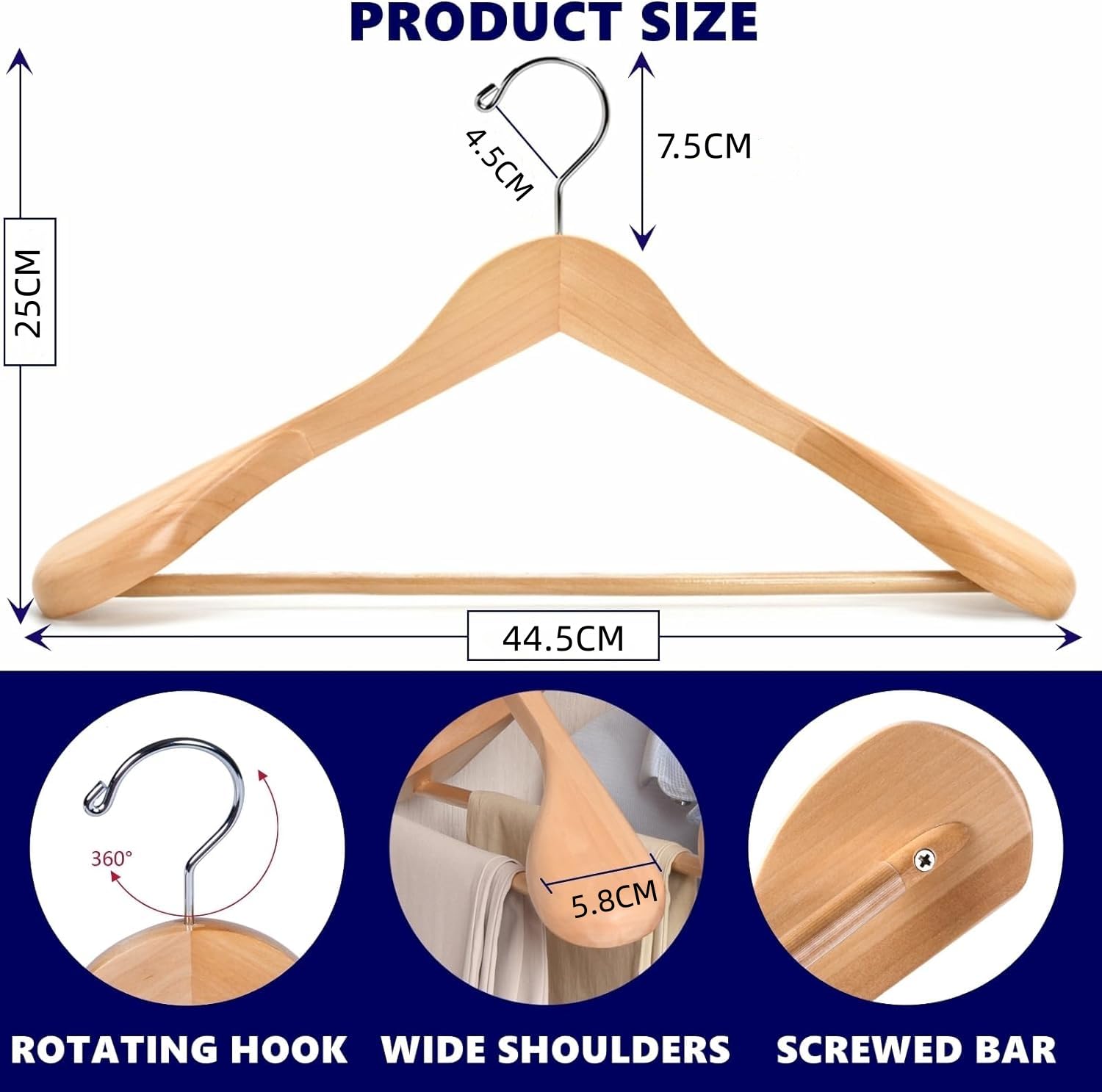 Amber Home 44.5cm Natural Wooden Suit Hangers 10pcs with Wide Shoulder, Heavy Duty Smooth Wood Coat Hanger with Non Slip Pants Bar, Solid Clothes