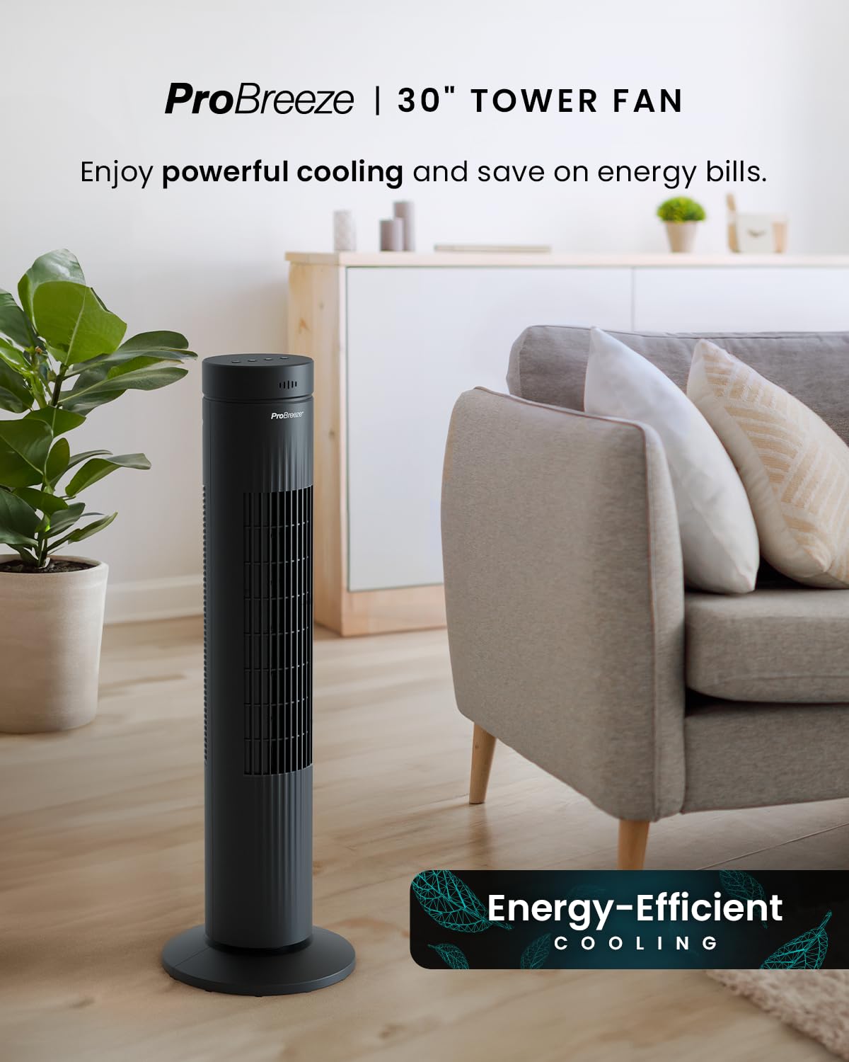 Pro Breeze Bladeless Tower Fan Quiet & Portable with Remote Control, 90° Oscillation, 15h Timer, 4 Modes, 3 Speeds - Powerful Electric 45W Motor Standing Air Circulator for Bedroom & Office