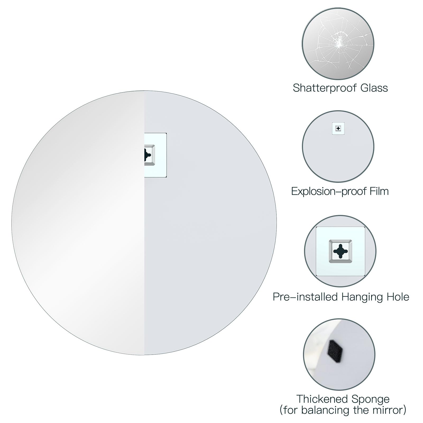 Dripex 50 x 50cm Frameless Round Mirror, Wall Mounted Bathroom Mirror with Polished Edge & Pre-installed Hole, Home Deco Hanging for Hallway Bedroom