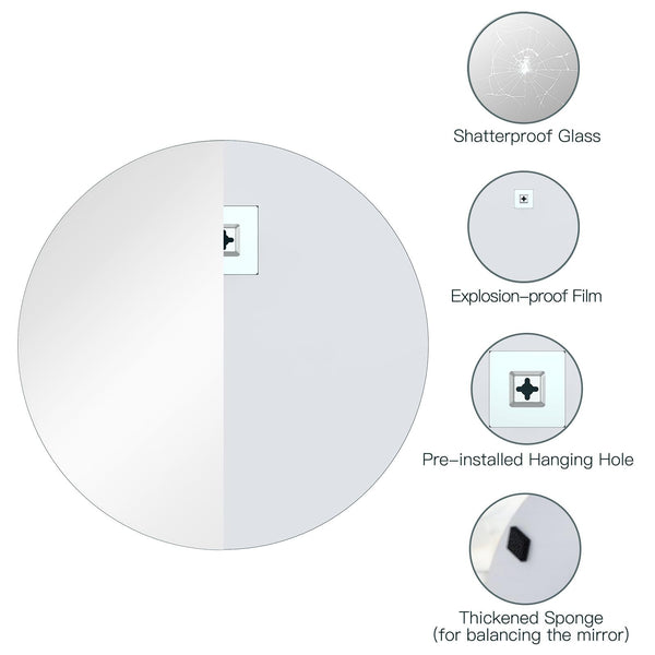 Dripex 60 x 60cm Frameless Round Mirror, Wall Mounted Bathroom Mirror with Polished Edge & Pre-installed Hole, Home Deco Hanging for Hallway Bedroom