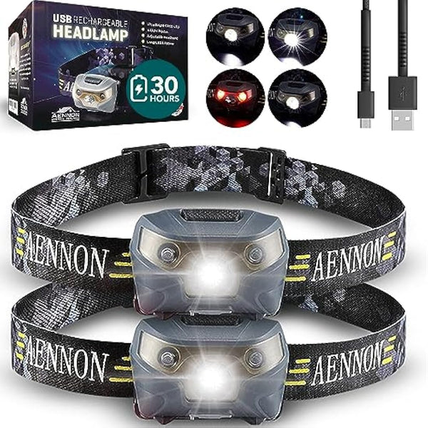 AENNON Rechargeable Head Torch (2 Pack) - 220 Lumens -, 30 Hour Battery - LED Waterproof Headlamp for Camping, Running, Hiking - 150m Vision Head Lights for Head
