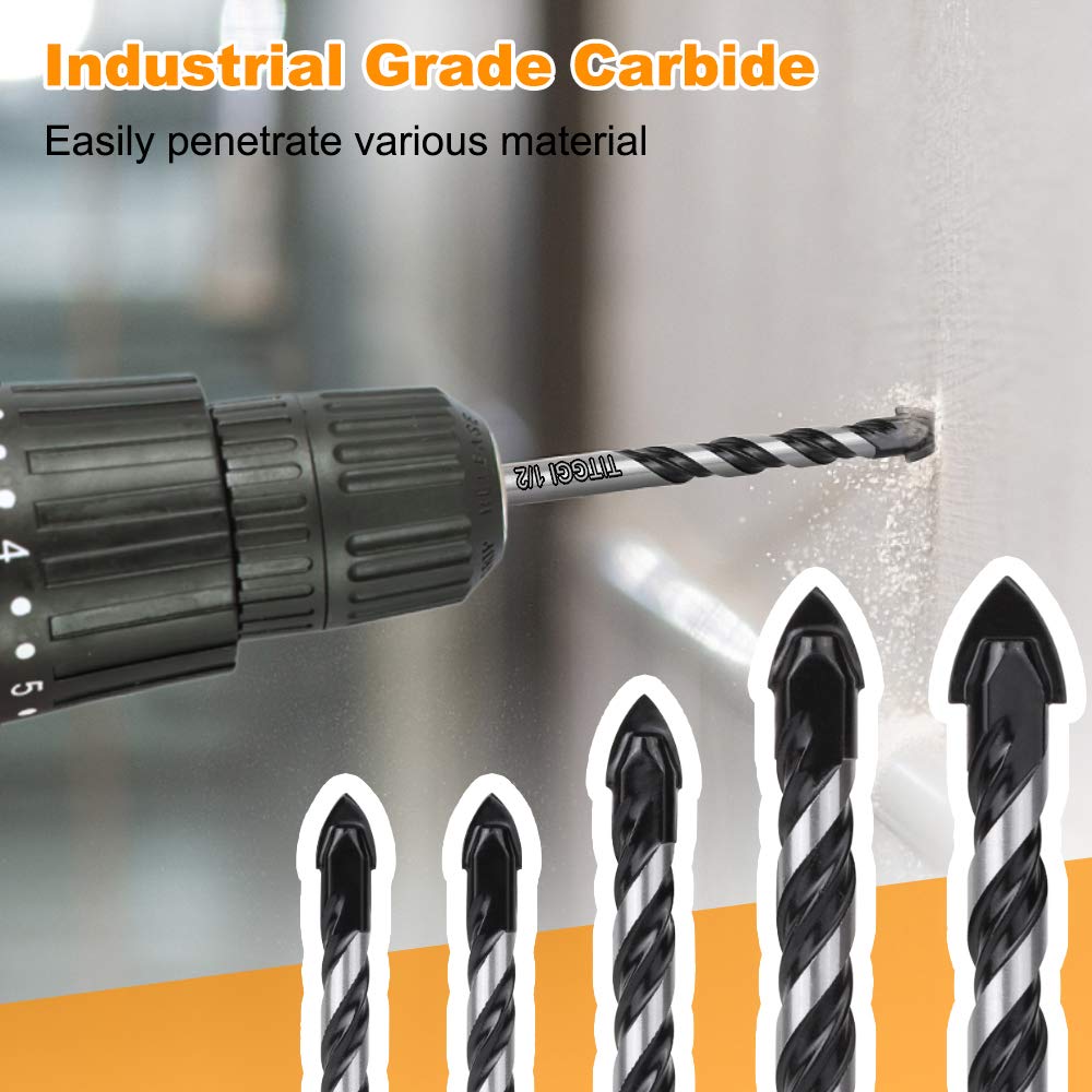 Masonry Drill Bit, Professional Masonry Drill Bit Set (10PCS) for Concrete/Glass/Brick/Cement/Tile/Wood/Etc, Industrial Strength Carbide Drill Bits Tip, 5/32"-1/2"
