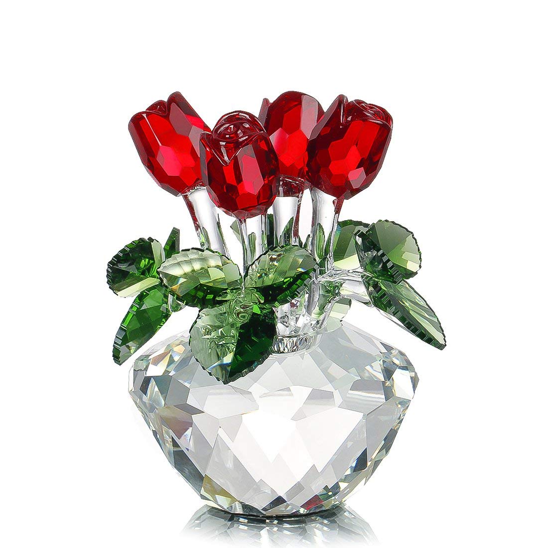 H&D HYALINE & DORA 4.5inch Spring Bouquet Crystal Glass Flowers Red Rose Figurine Ornament Gift-boxed