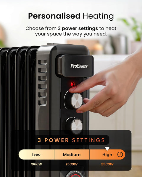 Pro Breeze Oil Filled Radiator with 11 Fins - Slim Electric Radiator - Portable Oil Heater with Built-in 24 Hour Timer, 3 Heat Settings, Adjustable Thermostat (White)
