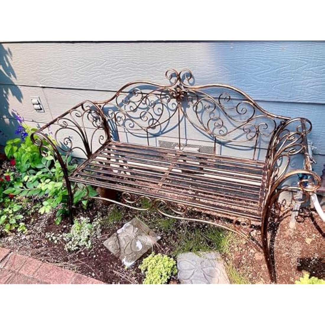 HLC Metal Antique Garden Benches Clearance Outdoor wrought iron Bench 2 Seat with Decorative Cast Iron Backrest Iron Cast Aluminium Bench for Garden,Patio, Porch and Yard Max 250kg (Brown)