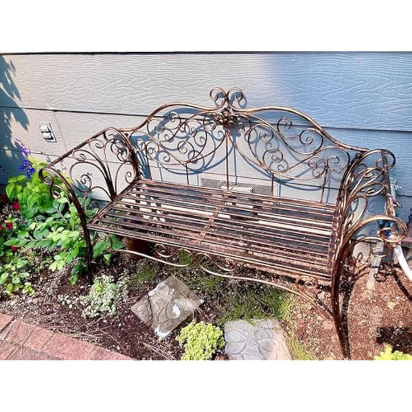HLC Metal Antique Garden Benches Clearance Outdoor wrought iron Bench 2 Seat with Decorative Cast Iron Backrest Iron Cast Aluminium Bench for Garden,Patio, Porch and Yard Max 250kg (Brown)