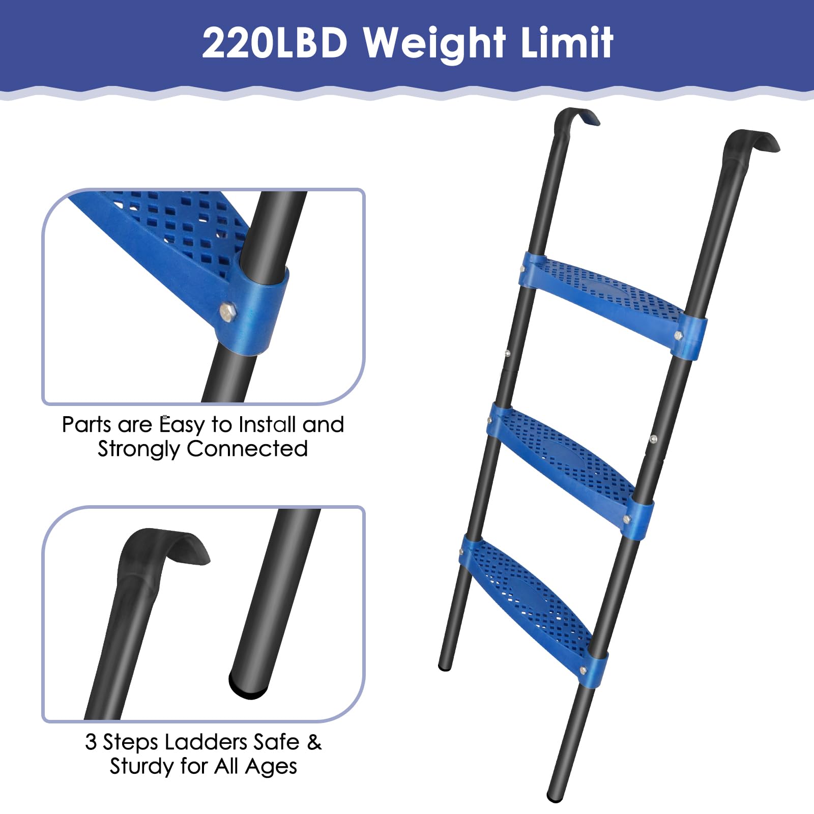 New Upgraded Universal Trampoline Ladder - 3-Step Rust-Proof Steel With Wide Non-Slip Steps, 39-Inch Long Accessory With Blue Floor Mat