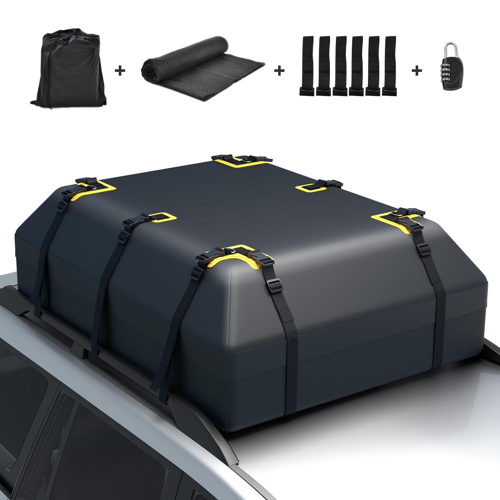 COSTWAY 15/21 Cubic Feet Car Roof Bag, 100% Waterproof Roofing Cargo Carrier with Anti-Slip Mat, Combination Lock & Straps, Rooftop Luggage Storage Box (Black, 21 Cubic Ft/600L)