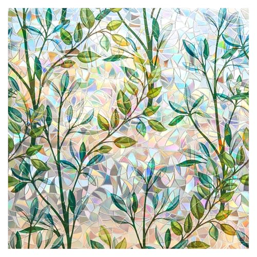 FINNEZ Window Film - Self-adhesive Static Film, Colorful Opaque Privacy Film, Anti-UV Rainbow Optics with Small Grass Motif, Decorative Film for