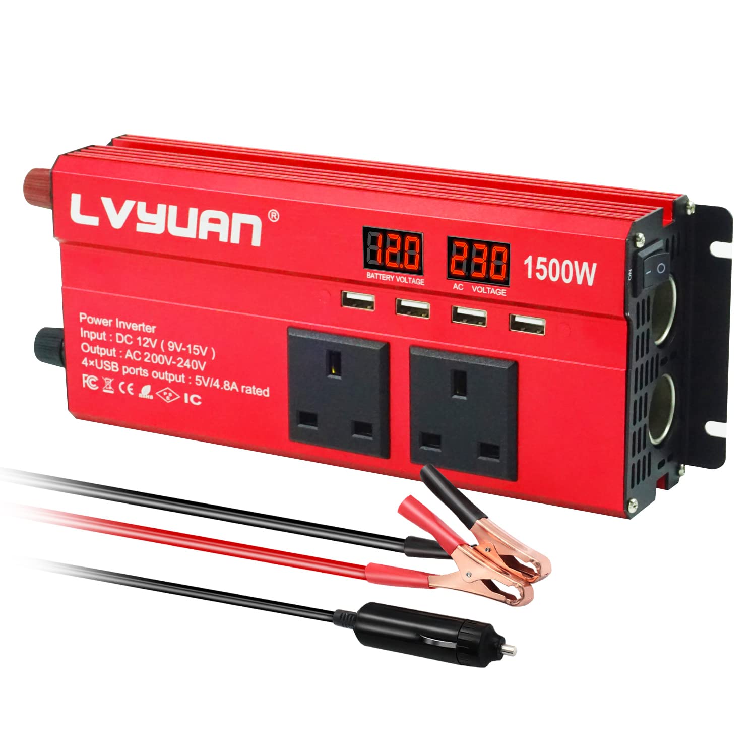 LVYUAN Power Inverter 12V to 240V AC Car Converter 600W /1500W Peak 4 USB 2 AC Sockets Dual Car cigarette lighter socket With 2 LED