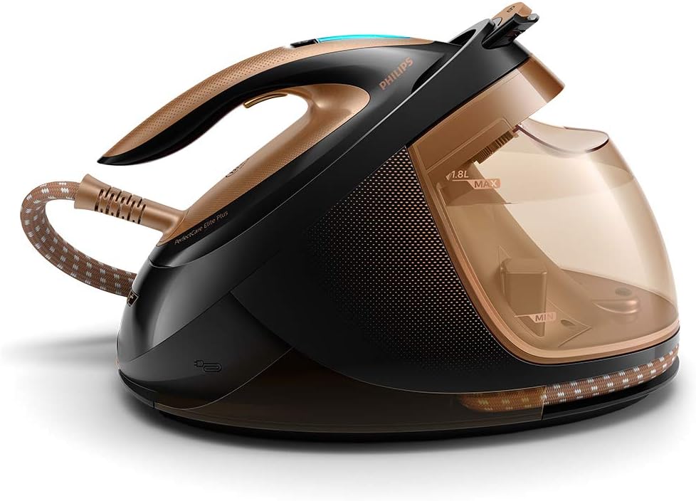 Philips PerfectCare Elite Plus Steam Generator Iron for Large Family Basket Loads, with OptimalTEMP: No Fabric Burns Guaranteed, 8 Bar, 600 g Steam Boost - Black/Gold - (GC9682/86)