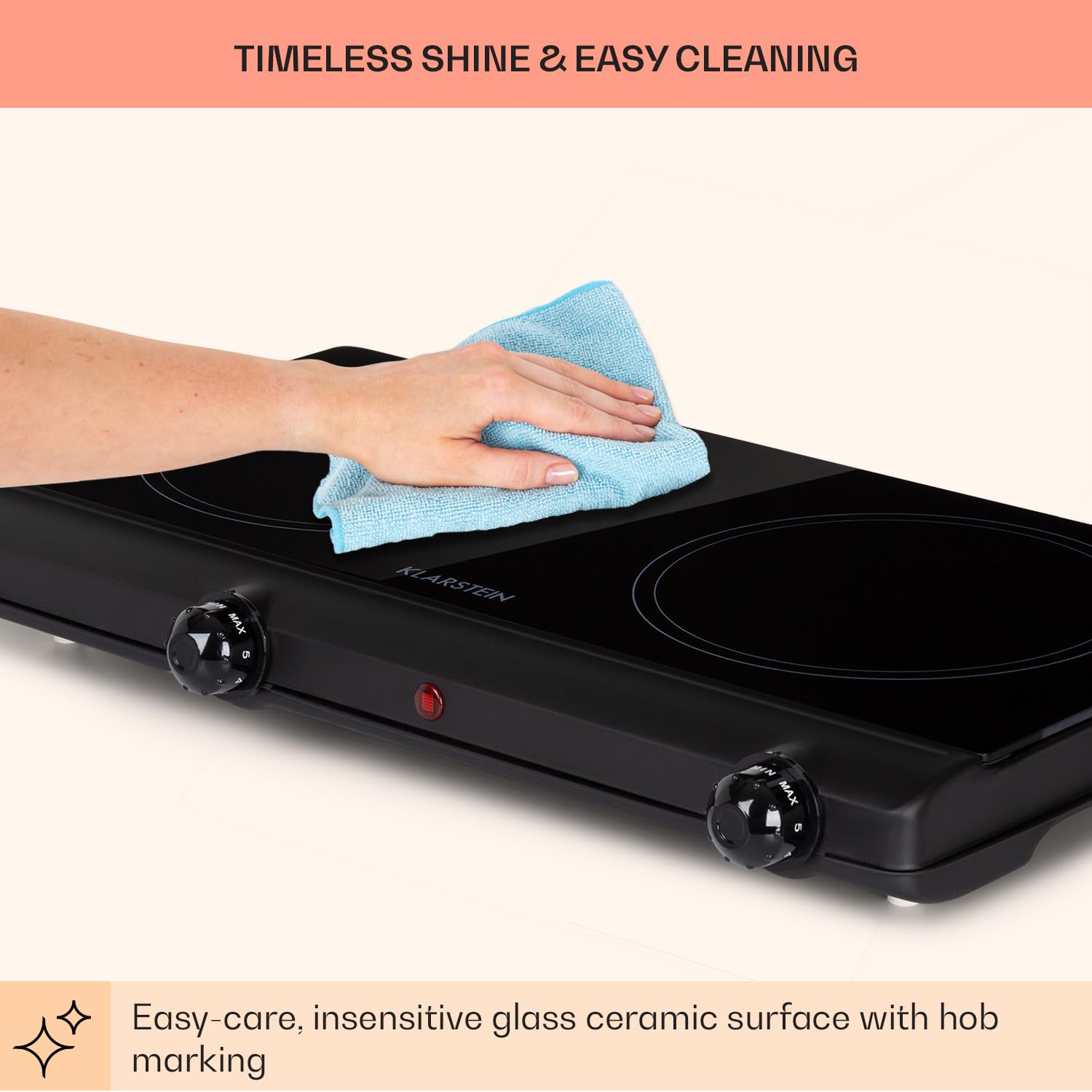 Klarstein Ceramic Hob, 2400W Electric Hob Ceramic Cooker, 2 Ring Electric Pan Hob, Built-In Table Top Cookers w/ 2 Hobs, Stainless Steel Ceramic Heater Cooktops, Electric Hot Plates for Cooking