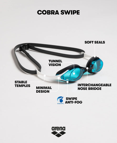 arena Cobra Original Swipe Unisex Adult Swim Goggles, Standard Pool Goggles with Anti-Fog Swipe Technology, Double Adjustable Strap, UV Protection, 4