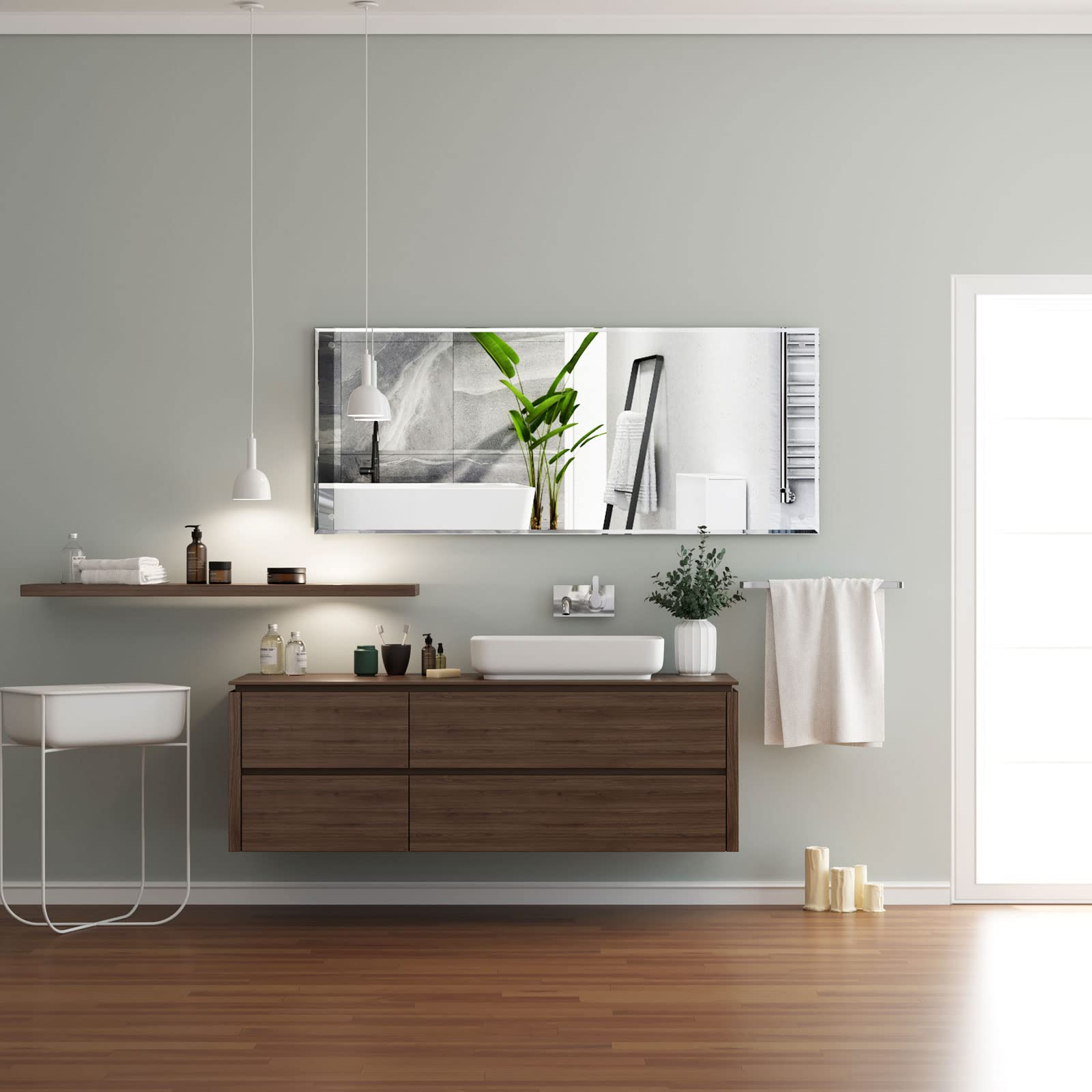 Dripex 110 x 45cm Frameless Rectangle Mirror, Wall Mounted Bathroom Mirror with Bevelled Edge & Pre-Drilled Holes, Horizontal or Vertical Hanging for