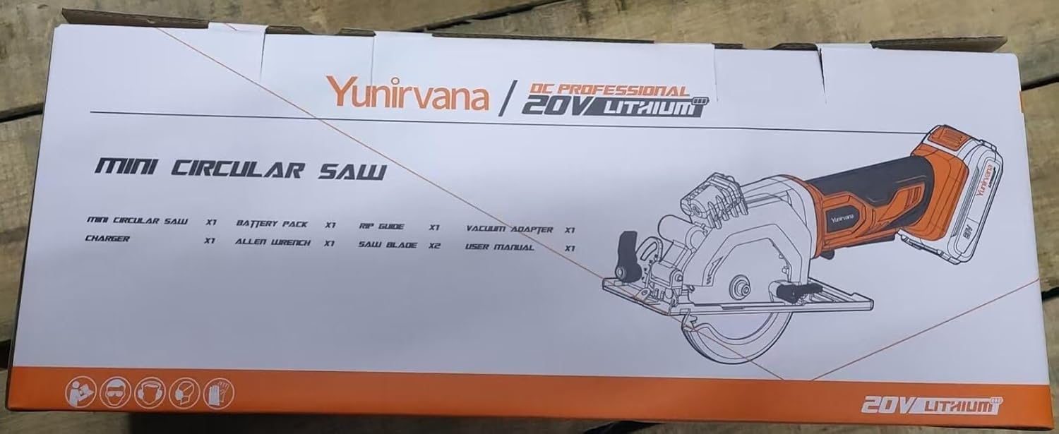 Yunirvana Mini Circular Saw, 20V 3400RPM Professional Cordless Circular Saw, Adjustable Angle and Depth,Max Cutting Depth 42.8mm (90°), 28mm(45°),Laser Guide,Blade 115mm