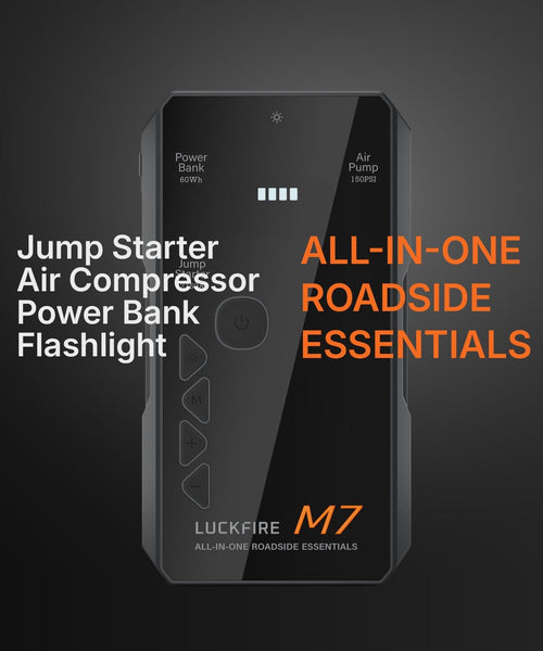 M7: Smart Car Jump Starter Power Pack with Air Compressor, 12V Car Battery Booster Jump Starter, 150PSI Digital Tyre Inflator, 60Wh Power Bank - For 8.5L Petrol / 6.5L Diesel Engines