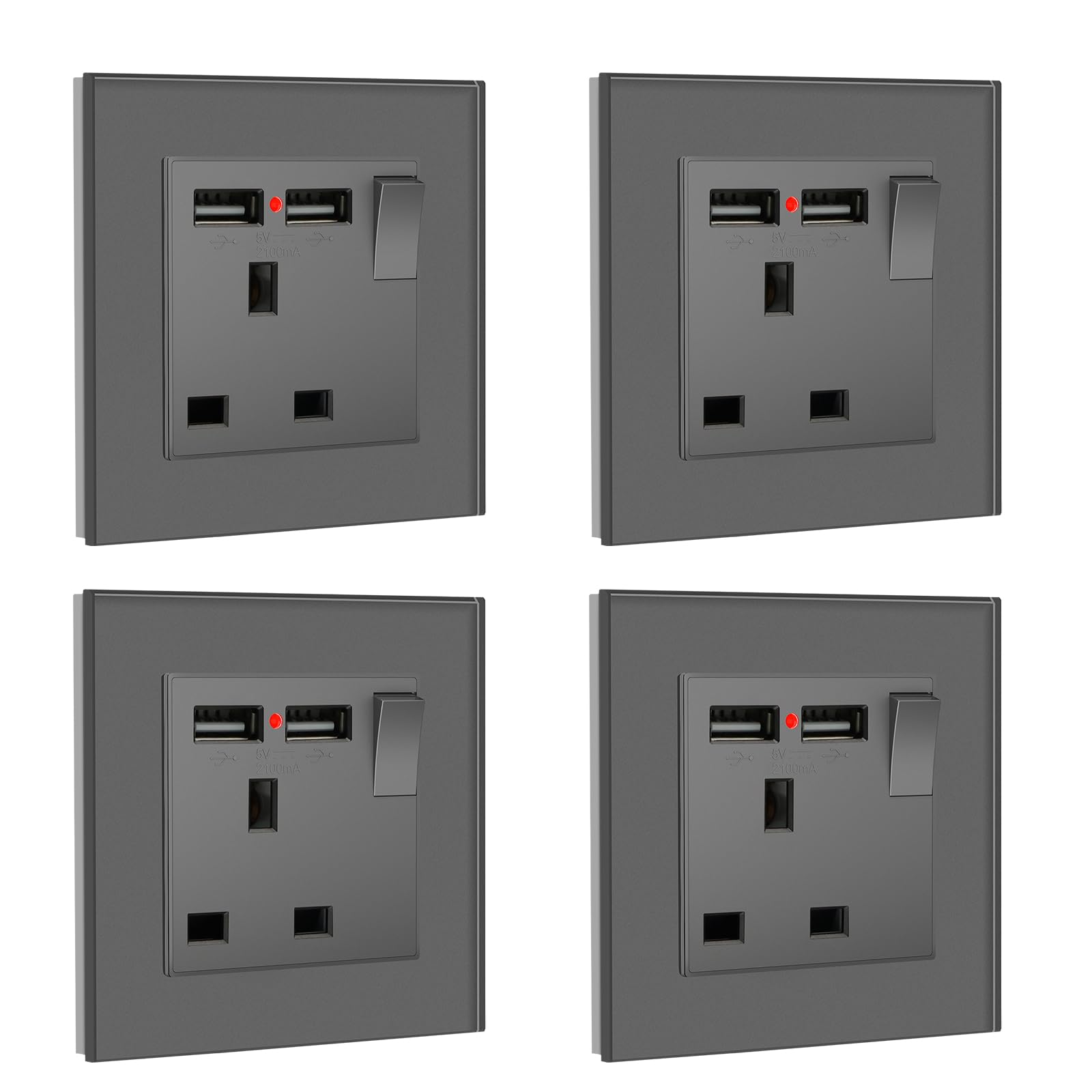BSEED Double Socket 13A with LED Indicator, Double Switched Wall Socket 2 Gang UK Standard, Electric Switched Plug Power Wall Outlet with Glass Panel, Grey