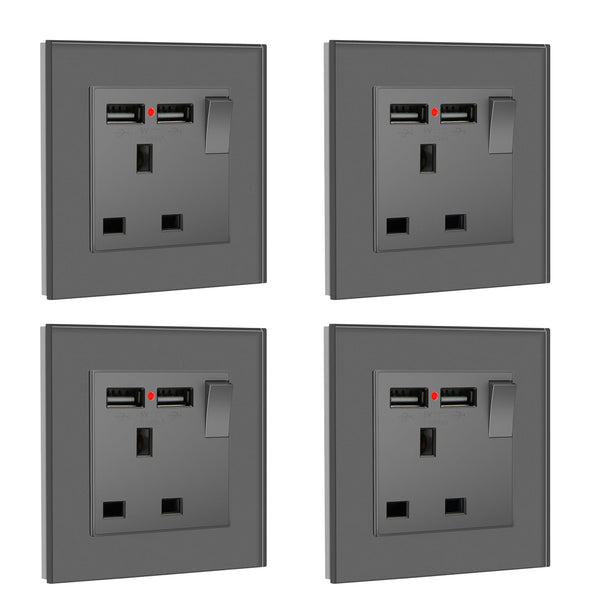 BSEED Double Socket 13A with LED Indicator, Double Switched Wall Socket 2 Gang UK Standard, Electric Switched Plug Power Wall Outlet with Glass Panel, Grey