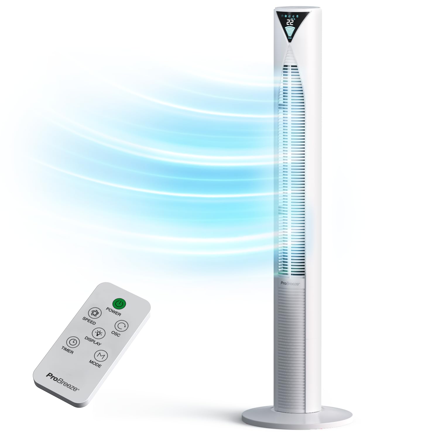 Pro Breeze Bladeless Tower Fan Quiet & Portable with Remote Control, 90° Oscillation, 15h Timer, 4 Modes, 3 Speeds - Powerful Electric 45W Motor Standing Air Circulator for Bedroom & Office