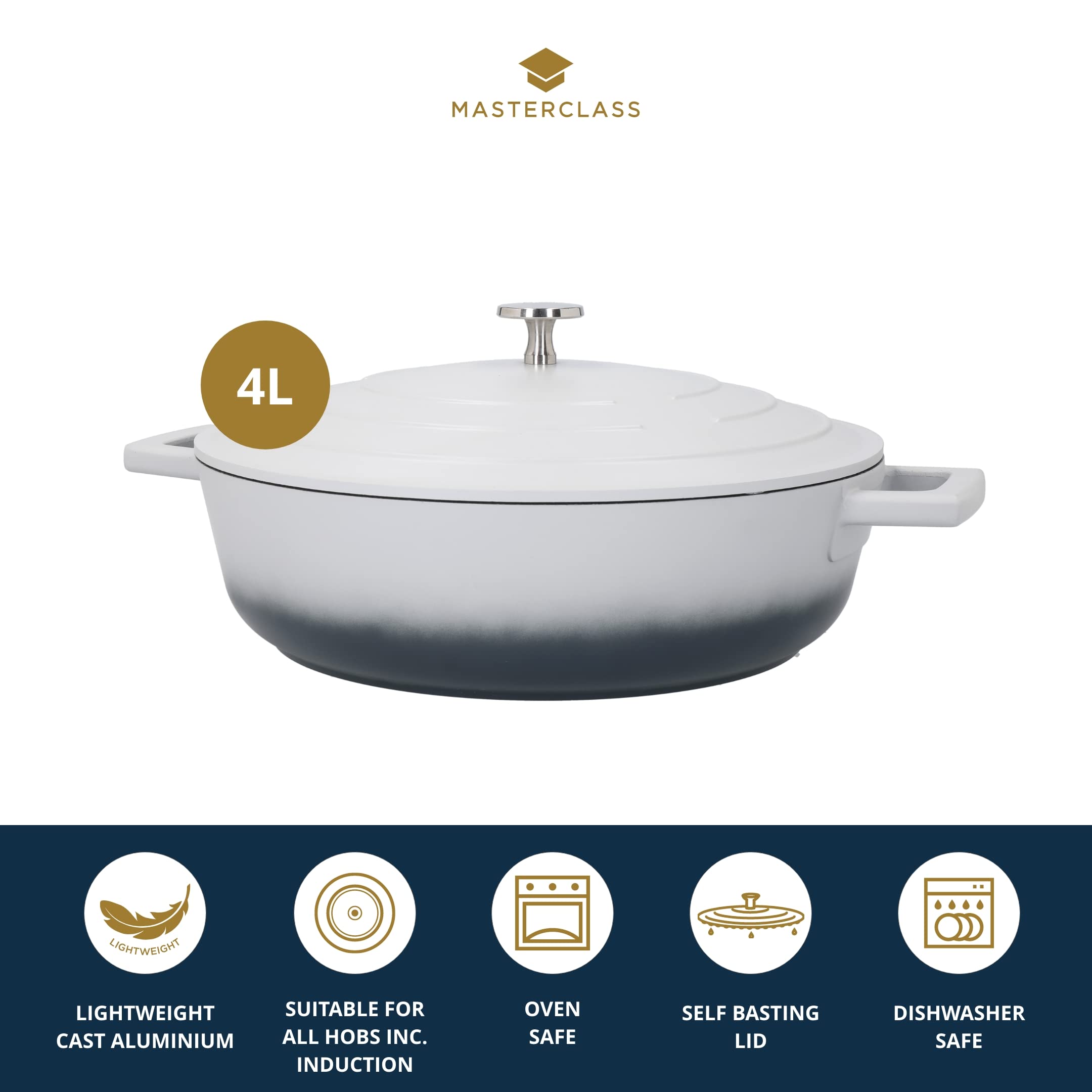 MasterClass Casserole Dish With Lid, Medium 4L/24 cm, Lightweight Cast Aluminium, Induction Hob And Oven Safe, Black