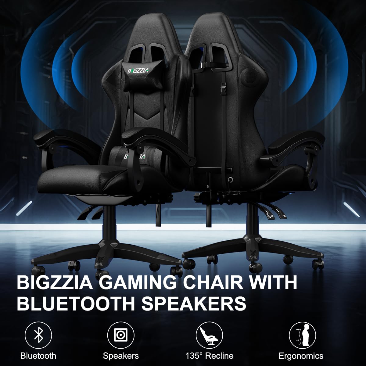 bigzzia Ergonomic Gaming Chair - Gamer Chairs with Lumbar Cushion + Headrest, Height-Adjustable Office & Computer Chair for Adults (without footrest, White)