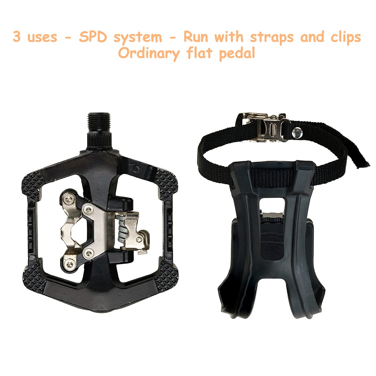 PROVO SPD Pedals - Hybrid Pedal with Toe Clip and Straps, Suitable for Spin Bike, Indoor Exercise Bikes and All Indoor Bike with 9/16in axles