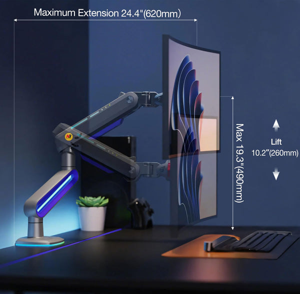 NB Ergonomic Monitor Stand for Screen 32 to 60 inch, RGB Ultrawide Curved Monitor Arm 49 57 inch - Load up to 20 kg, VESA 75 & 100 mm (Black)