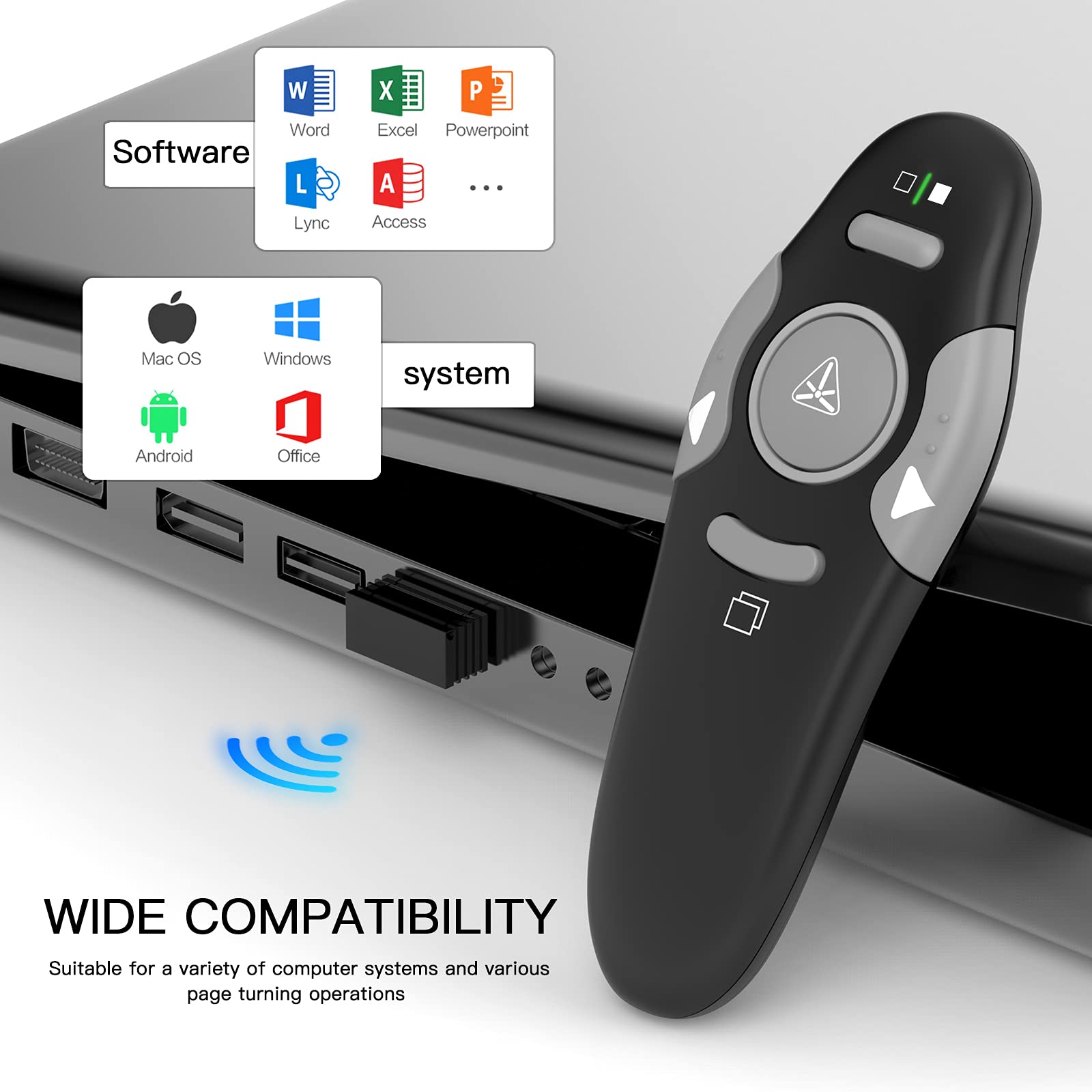 QUI Presentation Clicker Pointer, 328FT Wireless Presenter Remote PPT PowerPoint Clicker, 2.4GHz Presentation Pointer Slide Advancer for Mac, Laptop (Green Function Indicator Light)