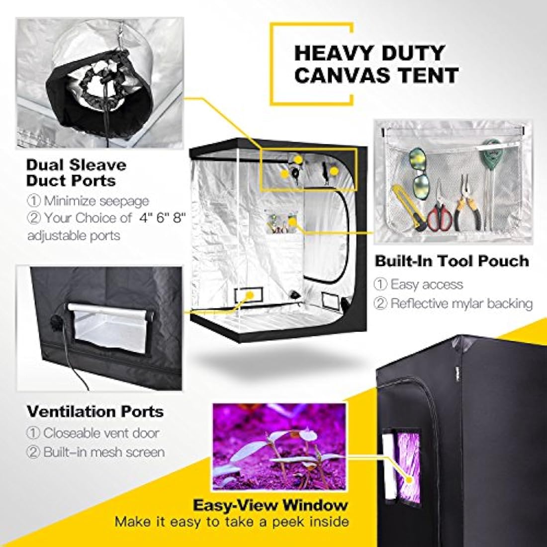 iPower GLTENTM1 Mylar Hydroponic Grow Tent for Indoor Seedling Plant Growing w/Metal Push-Lock Corners, 48 by 48 by 80-Inch, Water-Resistant. Removable Mylar Floor Tray Included