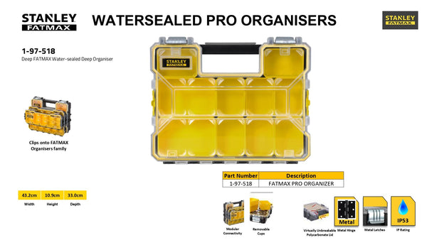 STANLEY FATMAX Waterproof 10-Compartment Deep Professional Tool Organiser, Removable & Stackable Deep Storage Cups with Transparent Lid, for Small Parts and Tools Storage, 1-97-521
