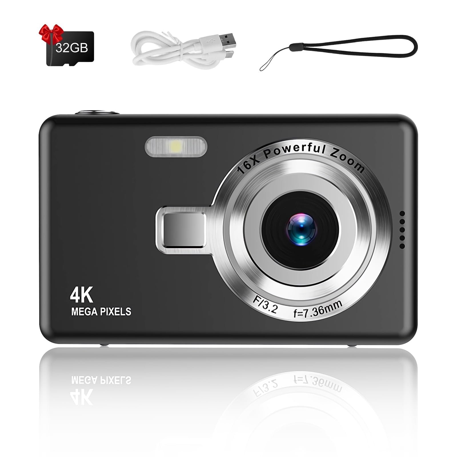 Digital Camera 1080P FHD 44MP with 2.4" LCD Screen,16X Digital Zoom, Compact Portable Vlogging Camera with 32gb SD Card for Kids Teen Students Beginner (Silver)