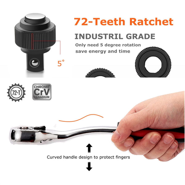 53-Piece 1/4" Socket Set,Driver Bits Metric Tool Set,72 Teeth Quick Release Ratchet Wrench Set with Flexible Extension Rods,S2 Screwdriver Bit,CRV Sockets/Deep Sockets,Tool for Car Bicycle Repair&DIY