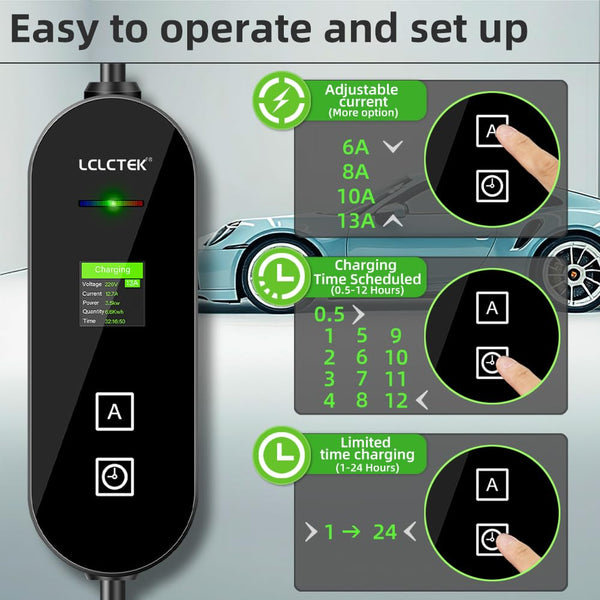 LCLCTEK® EV Charger Cable Type 2 to 3 Pin Plug, Portable UK 3 Pin EV Charger, Electric Car Charger [6/8/10/13A], EV Car Charger with LED Display, IP66 Waterproof, Type 2 Cable EVs and PHEV (8M)